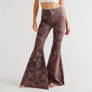 NWT Free People Just Float On Printed Flares Chocolate Combo 28 paisley purple